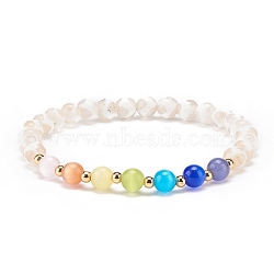 Natural Agate & Cat Eye Round Beaded Stretch Bracelet, Gemstone Jewelry for Women, White, Inner Diameter: 2-1/8 inch(5.4cm)(BJEW-JB08365-02)