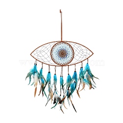 Evil Eye Woven Net/Web with Feather Pendant Decoration, with Wood Beads, for Home Bedroom Car Ornaments Birthday Gift, Deep Sky Blue, 735mm(HJEW-I013-08)