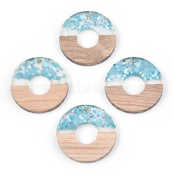 Transparent Resin & White Wood Pendants, Donut/Pi Disc Charms with Paillettes, Light Sky Blue, 28x3.5mm, Hole: 2mm(RESI-N039-52)