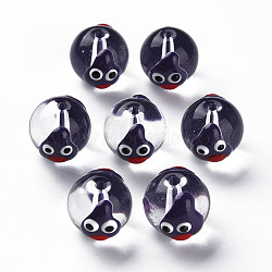 Transparent Glass Enamel Beads, Hand Painted Beads, Round with Cartoon, Indigo, 13.5~14x12~12.5x11.5mm, Hole: 1.6~2mm(GLAA-N049-004)