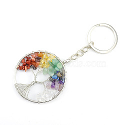 Wire Wrapped Natural Mixed Stone Chip Pendant Keychains, Flat Round with Tree of Life, 11cm(FIND-PW0017-02E)