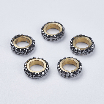 Polymer Clay Rhinestone Beads, with Brass Findings, Ring, Golden, Hematite, 10x3mm, Hole: 6mm