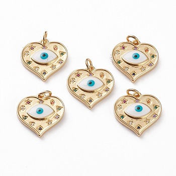 Brass Micro Pave Mixed Color Cubic Zirconia Findings Pendants, with Enamel & Jump Rings, Heart with Evil Eye, Real 18K Gold Plated, 16x16x3mm, Jump Ring: 5x1mm, 3mm Inner Diameter
