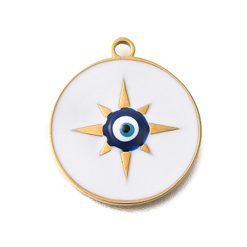 PVD Vacuum Plating 201 Stainless Steel Pendants, with Enamel, Evil Eye Charm, Real 18K Gold Plated, Flat Round, 20x18x3mm, Hole: 1.8mm