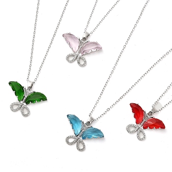 Butterfly Platinum Brass Micro Pave Cubic Zirconia Pendant Necklaces, with Glass, Mixed Color, 16.02 inch(40.7cm)