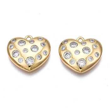 Brass Micro Pave Clear Cubic Zirconia Charms, Nickel Free, Heart, Real 18K Gold Plated, 12.5x14x2.5mm, Hole: 1mm
