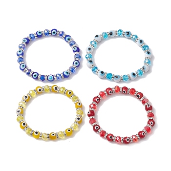 4Pcs 4 Colors Evil Eye Handmade Lampwork & Electroplated Glass Stretch Bracelet Sets, Stackable Bracelets for Women Men, Mixed Color, Inner Diameter: 2-1/8 inch(5.5cm), 1pc/color