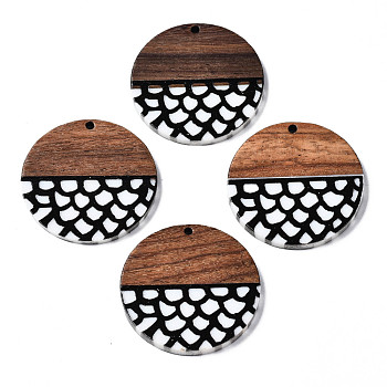 Resin & Walnut Wood Pendants, Flat Round with Scale, Black, 35x2~3mm, Hole: 2mm