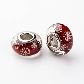 Resin European Beads, Christmas Theme, Large Hole Rondelle Beads, with Snowflake Pattern and Brass Double Cores, Platinum, Dark Red, 14x8mm, Hole: 5mm