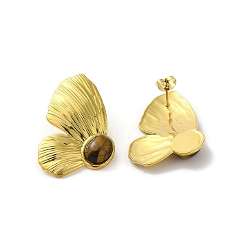 304 Stainlee Steel with Tiger Eye Bead Studs Earring, Ginkgo Leaf, Real 18K Gold Plated, 37.5x24mm