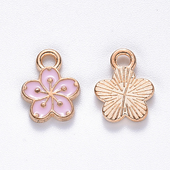 Alloy Enamel Charms, Flower, Light Gold, Pink, 12x9x2mm, Hole: 1.8mm