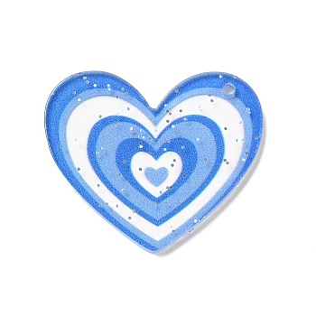Transparent Plastic Pendants, Random Hole Left or Right, with Sequin, Heart, Dodger Blue, 28.5x30x1.5mm, Hole: 1.5mm