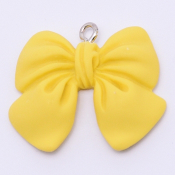 Resin Pendants, with Platinum Plated Iron Screw Eye Pin Peg Bails, Bowknot, Yellow, 25x28x5mm, Hole: 1.8mm