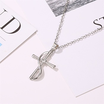 Cross Alloy Crystal Rhinestone Pendant Necklaces for Women Men, Platinum, 17.32 inch(44cm)