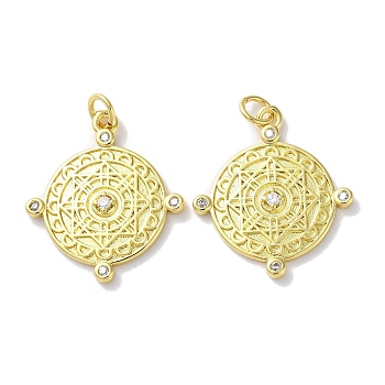 Rack Plating Brass Micro Pave Cubic Zirconia Pendants, Long-Lasting Plated, Lead Free & Cadmium Free, Dainty Compass Coin, Real 18K Gold Plated, 24x21x2.8mm, Hole: 3.4mm