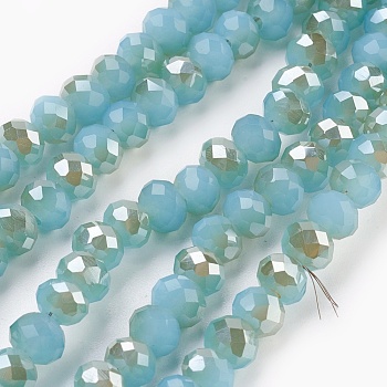 Electroplate Glass Beads Strands, Imitation Jade Glass, Half Rainbow Plated, Faceted, Rondelle, Medium Turquoise, 6x4~5mm, Hole: 0.8~1mm, about 88~92pcs/strand, 15.5 inch~16 inch(39~45cm)