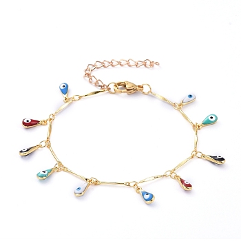 teardrop, with Evil Eye Brass Enamel Charm Bracelets, with Brass Bar Link Chains and 304 Stainless Steel Lobster Claw Clasps, Real 18K Gold Plated, 7-1/2 inch(19cm)