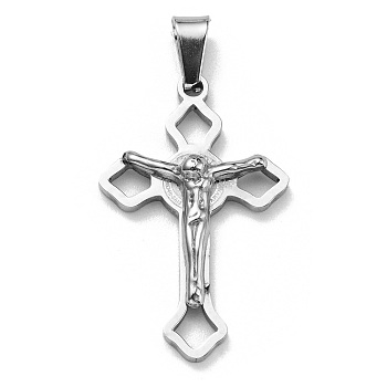 304 Stainless Steel Pendants, Crucifix Cross Charm, Stainless Steel Color, 31x20x5mm, Hole: 7x3mm