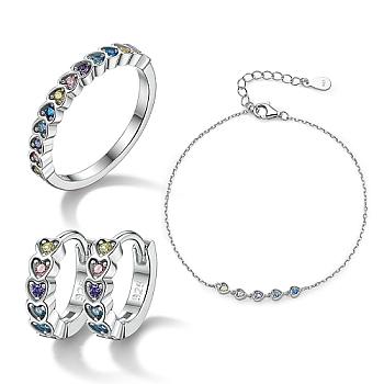 Rhodium Plated Sterling Silver Heart Finger Rings & Link Bracelets & Hoop Earrings, Colorful Cubic Zirconia Heart Jewelry Set, with 925 Stamp, Platinum, Inner Diameter: 16mm