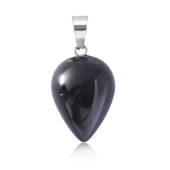 Natural Black Agate Pendants, Teardrop Charms with Platinum Plated Metal Snap on Bails, 26x16mm