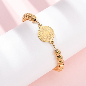 304 Stainless Steel Link Bracelets, Beaded Bracelets for Women, Flat Round with  Saint Benedict, Golden, 6-3/8 inch(16.3cm)