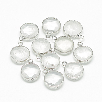 Natural Quartz Crystal Pendants, Rock Crystal Pendants, with Brass Findings, Faceted, Flat Round, Platinum, Clear, 19~21x15~16x6~7mm, Hole: 2mm