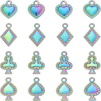 16Pcs 4 Style Rack Plating Rainbow Color Alloy Pendants, Cadmium Free & Nickel Free & Lead Free, Rhombus & Spade & Club & Heart, Rainbow Color, 14.5~19x12x2~3mm, Hole: 1.8~2mm, 4pcs/style