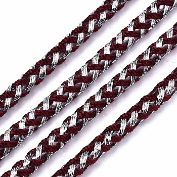 Two-Color Polyester Braided Cords, with Silver Metallic Thread, for Bracelet Necklace Jewelry Making, FireBrick, 3.5mm, about 54.68 yards(50m)/roll