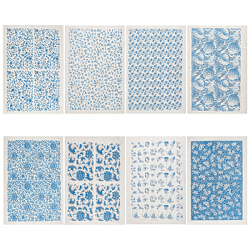8 Sheets 8 Style Paper Ceramic Decals, Pottery Ceramics Clay Transfer Paper, Underglaze Flower Paper, Blue and White Porcelain Style, Mixed Patterns, 530x380x0.1mm, 1 sheet/style