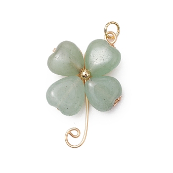 Natural Green Aventurine Copper Wire Wrapped Shamrock Pendants, Four-leaf Clover Charms with Jump Rings, Golden, 34x20.5x6.5mm, Hole: 3mm