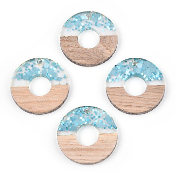 Transparent Resin & White Wood Pendants, Donut/Pi Disc Charms with Paillettes, Light Sky Blue, 28x3.5mm, Hole: 2mm
