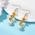 Natural Cultured Freshwater Pearl & Natural Amber Dangle Earrings, Chip, Golden, 47x9mm(EJEW-JE06961)