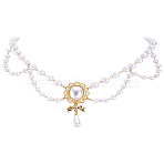 1Pc Flower Alloy Pendant Necklaces, Round Resin Pearl Double Layer Necklaces for Women, White, Golden, 17.17 inch(43.6cm)(NJEW-LP0001-54)