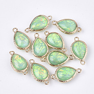 Epoxy Resin Links connectors, with Brass Findings, Imitation Opal Style, teardrop, Golden, Light Green, 21~22x11~12x6~7mm, Hole: 1.5mm(RESI-S373-10C)