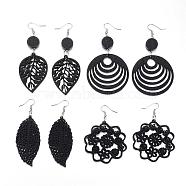 Trendy Wood Dangle Earrings, with Platinum Tone Alloy Earring Hooks, Mixed Shapes, Black, 65~100x28.5~50mm, pin: 0.8mm(EJEW-F062-M)