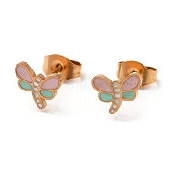 Ion Plating(IP) 304 Stainless Steel Stud Earrings with Colorful Enamel, Dragonfly Shape, Real 18K Gold Plated, 6x8mm(EJEW-Q783-07G)
