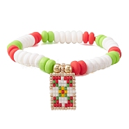 Handmade Polymer Clay Bead Stretch Bracelets for Women, Seed Beads Loom Pattern Rectangle Pendant Bracelets, Christmas, Flower, Inner Diameter: 2-1/8 inch(5.3cm)(BJEW-MZ00042-02)