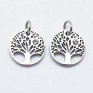 316 Surgical Stainless Steel Pendants, with Cubic Zirconia, Flat Round with Tree, Clear, Stainless Steel Color, 12x1.5mm, Hole: 3mm(STAS-K178-11P)