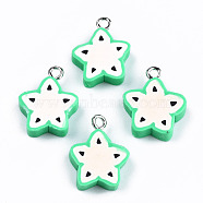 Handmade Polymer Clay Charms, with Platinum Tone Iron Findings, Carambola, Lime Green, 18~19x15.5x5mm, Hole: 2mm(CLAY-T016-73)