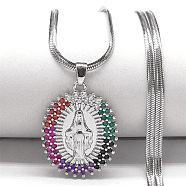 Brass Pave Colorful Cubic Zirconia Virgin Mary Pendant Necklaces, 304 Stainless Steel Snake Chain Necklaces, Stainless Steel Color, 19.88 inch(50.5cm)(NJEW-K273-04P)