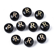 Handmade Lampwork Beads, with Golden Plated Brass Etched Metal Embellishments, Flat Round with Alphabet, Letter.R, 8x5mm, Hole: 0.8mm(LAMP-S196-001R)