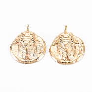 Brass Pendants, Nickel Free, Flat Round with Cicada, Real 18K Gold Plated, 16.5x14x3.5mm, Hole: 1.6mm(KK-S356-508G-NF)