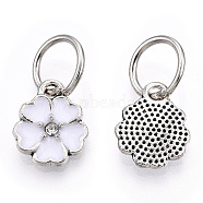 Enamel Style Flower Alloy Rhinestone Charms, with Iron Findings, Antique Silver, White, 13.5x11x3mm, Hole: 6mm(X-ENAM-S085-08)