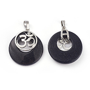 Synthetic Blue Goldstone Pendants, with Platinum Tone Brass Findings, Flat Round with Om Symbol, 32~32.5x28x7~7.5mm, Hole: 5x8mm(KK-F751-L-A01)