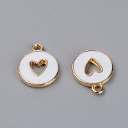 Zinc Alloy Enamel Charms, Flat Round with Hollow Heart, Light Gold, White, 14x12x2mm, Hole: 1.5mm(ENAM-TAC0013-18C)