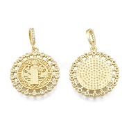 Brass Micro Pave Clear Cubic Zirconia Pendants, Flat Round with Saint Benedict Medal, Real 18K Gold Plated, 25x22x2.5mm, Hole: 3.5x5.5mm(KK-G431-23G)