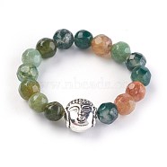 Natural Indian Agate Stretch Rings, with Alloy Buddha Beads, Faceted, Round, Antique Silver, Size 8, 18mm(RJEW-JR00223-11)