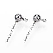 304 Stainless Steel Ball Stud Earring Findings, with Loop, Stainless Steel Color, 15x7x4mm, Hole: 1.7mm, Pin: 0.8mm(STAS-G099-09P)