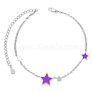 SHEGRACE 925 Sterling Silver Link Anklets, with Grade AAA Cubic Zirconia and Epoxy Resin, Star, Purple, 8-1/4 inch(21cm)(JA56E)