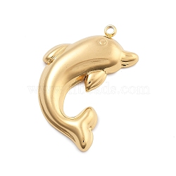 304 Stainless Steel Pendants, Dolphin, PVD Vacuum Plating, Real 18K Gold Plated, 26.5x17x4mm, Hole: 1.5mm(STAS-R155-56G)